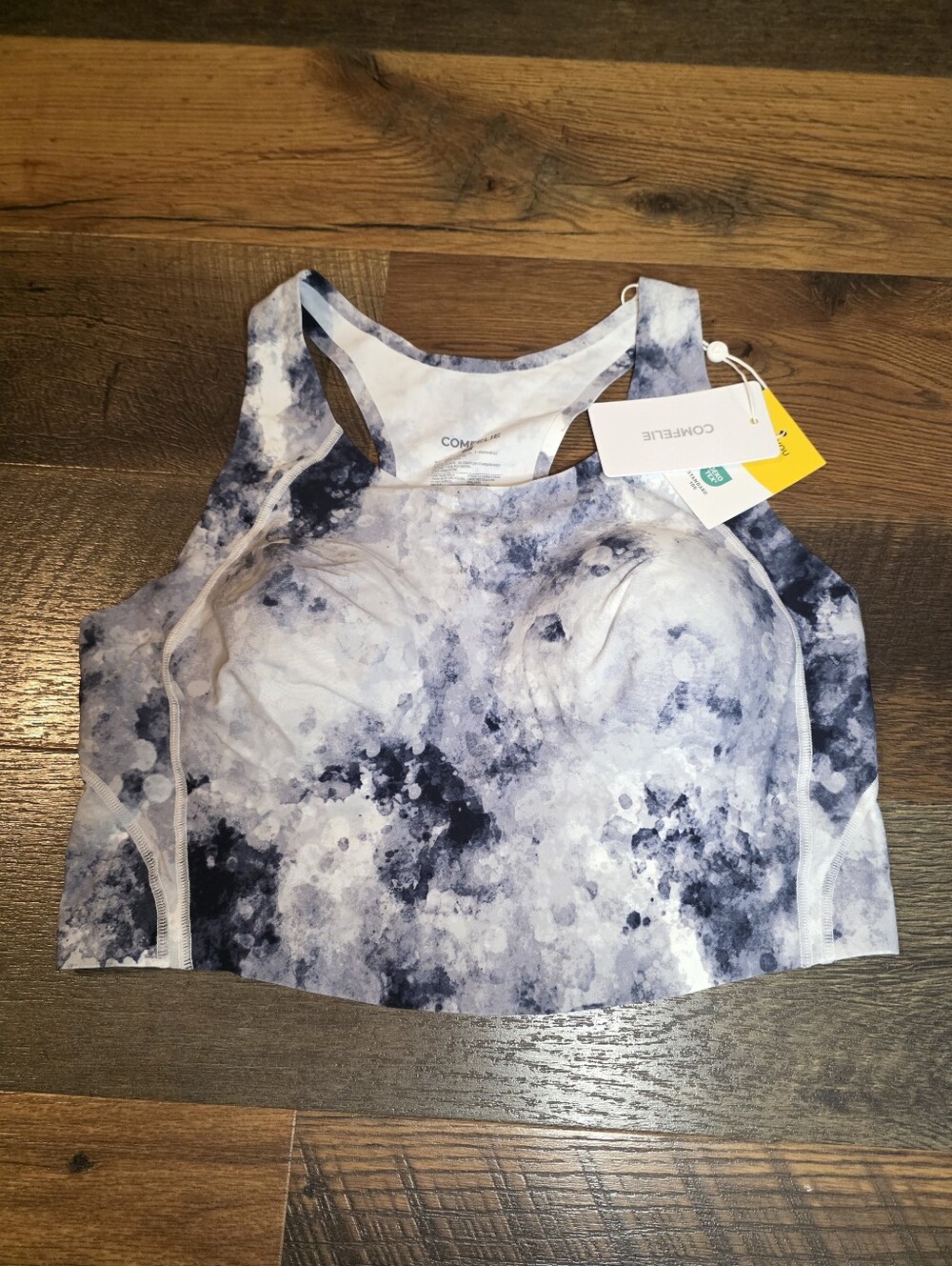 Comfelie XL High Neck Sports Bra in White And Navy Ink Print